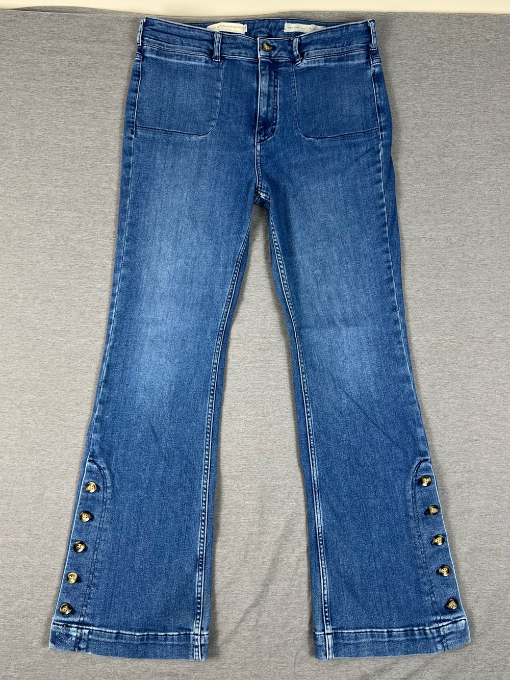Pilcro High Rise Boot Cut Blue Button Hem Jeans